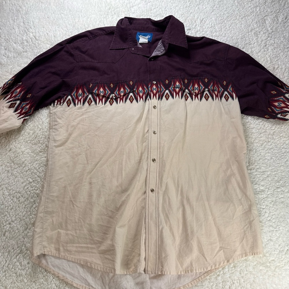 Vintage Wrangler Western Wear Men's Pearl Snap Button Shirt Aztec Design Sz XL